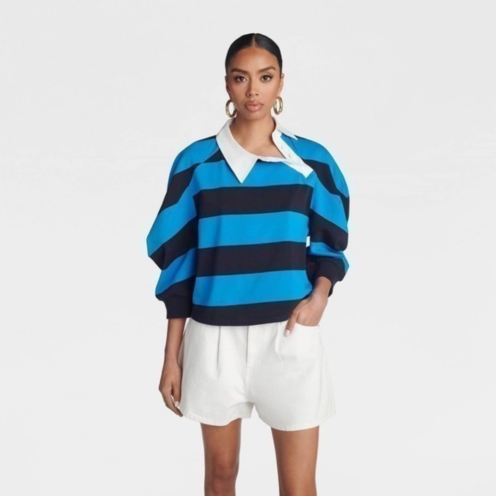KBB by KAHLANA x Target XL Extra Large The Striped Asymmetrical Rugby Blue Polo